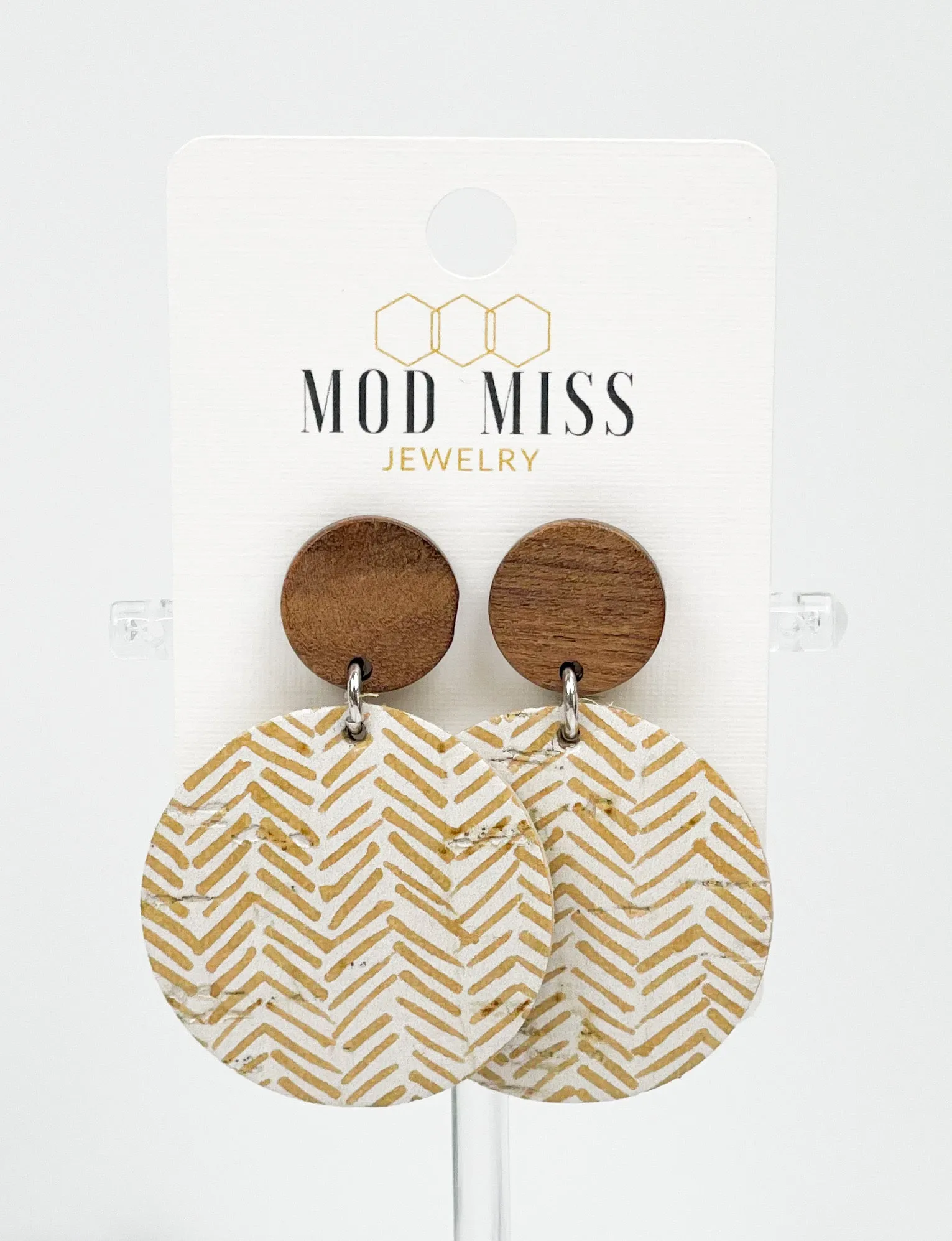 Cork Leather Round Earring Golden Honey Chevron