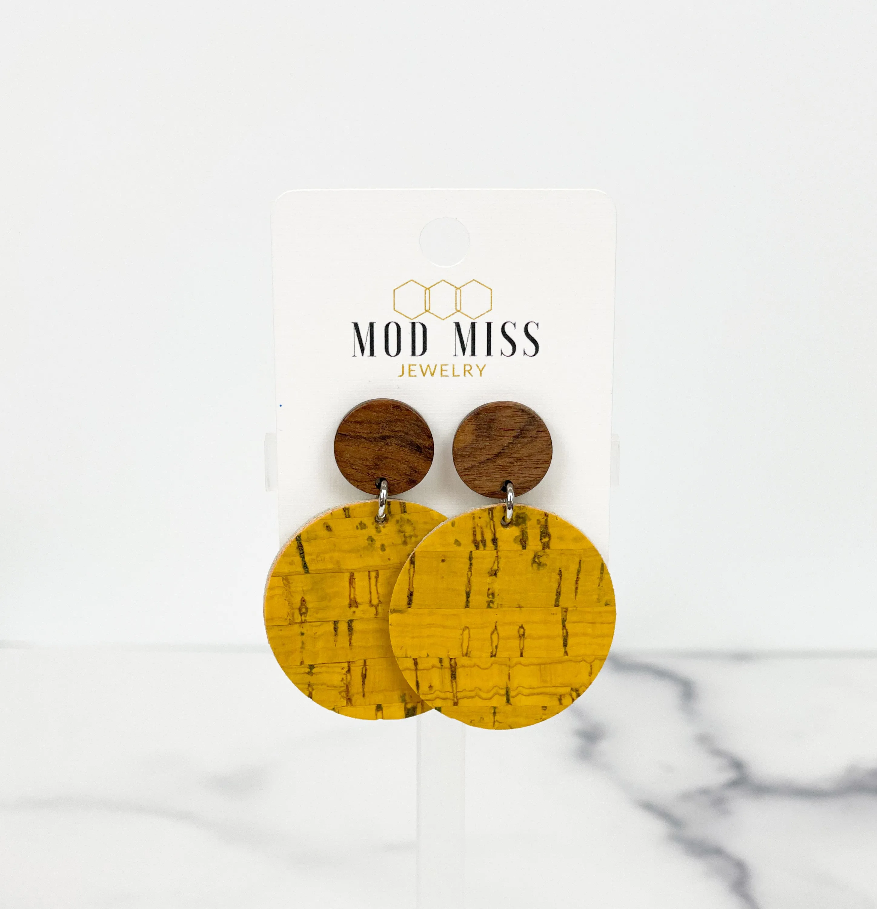 Cork Leather Round Earring Mustard