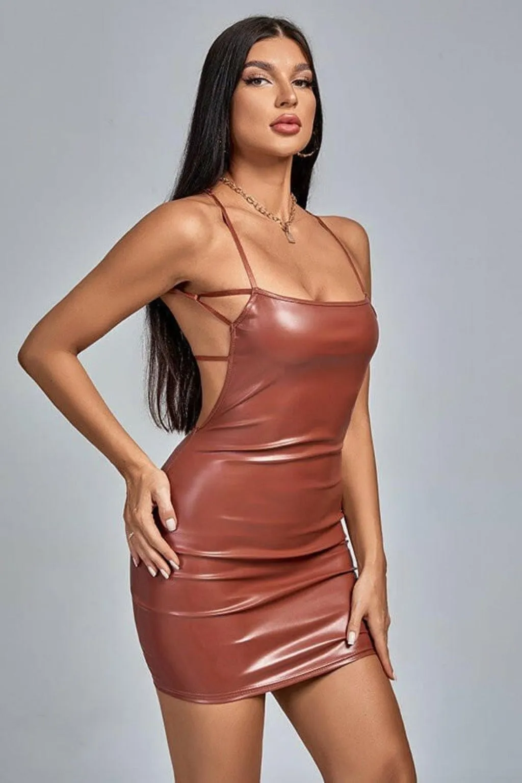 Countermove Halter PU Leather Mini Dress - Brown