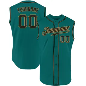 Custom Aqua Black-Old Gold Authentic Sleeveless Baseball Jersey