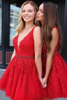 Cute Red Lace Appliques Homecoming Dresses V Neck Tulle Above Knee Short Prom Dress