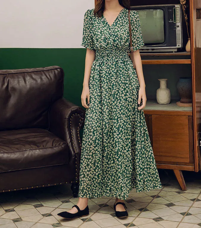 Elastic Waist Green Maxi Dress