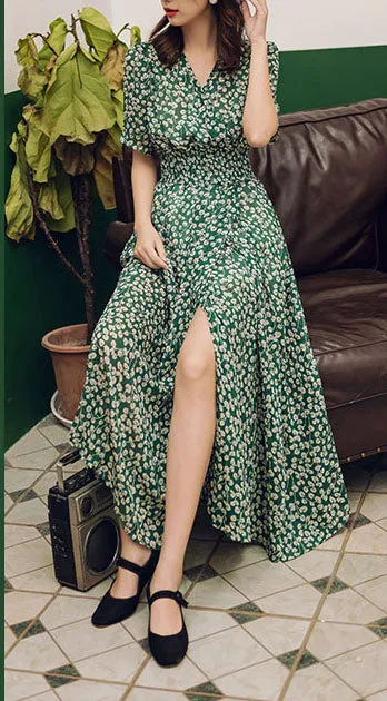 Elastic Waist Green Maxi Dress