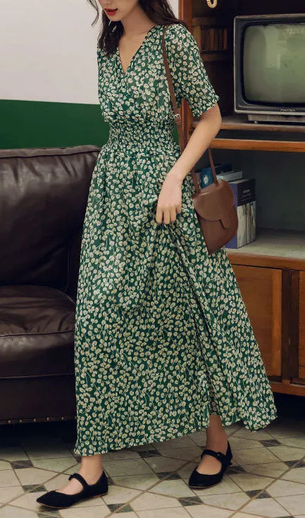 Elastic Waist Green Maxi Dress