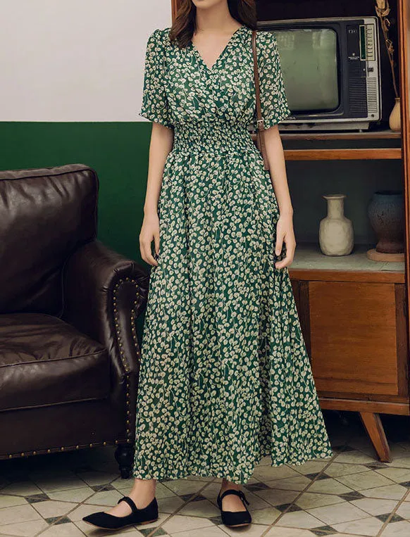 Elastic Waist Green Maxi Dress