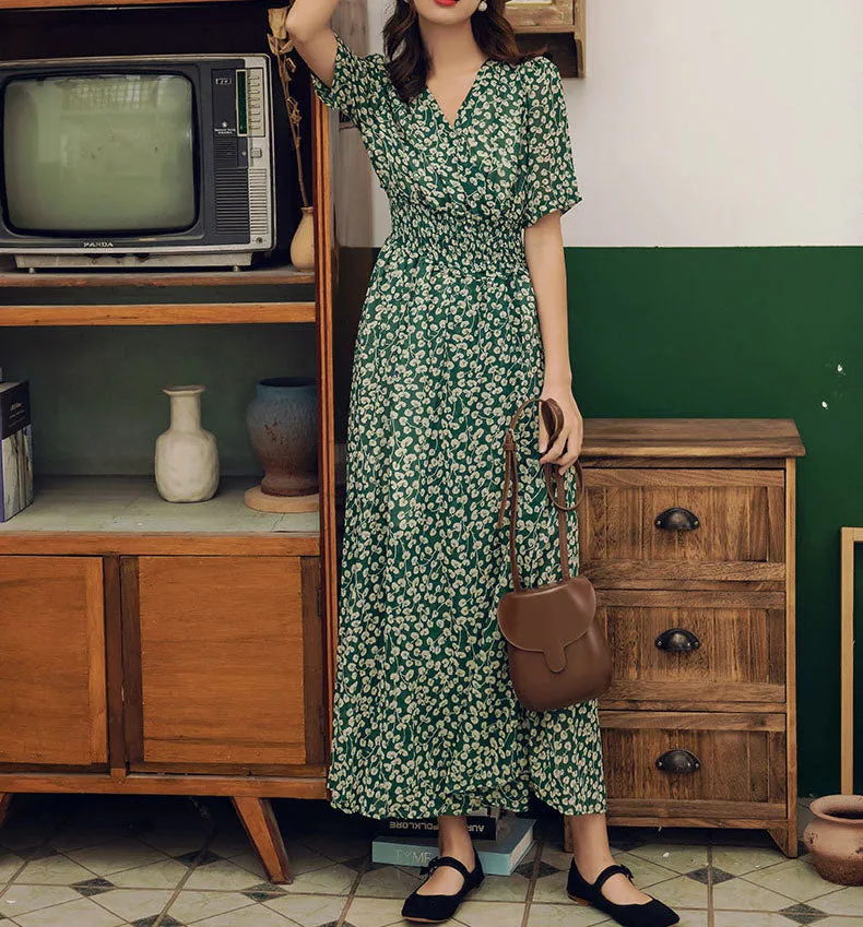 Elastic Waist Green Maxi Dress