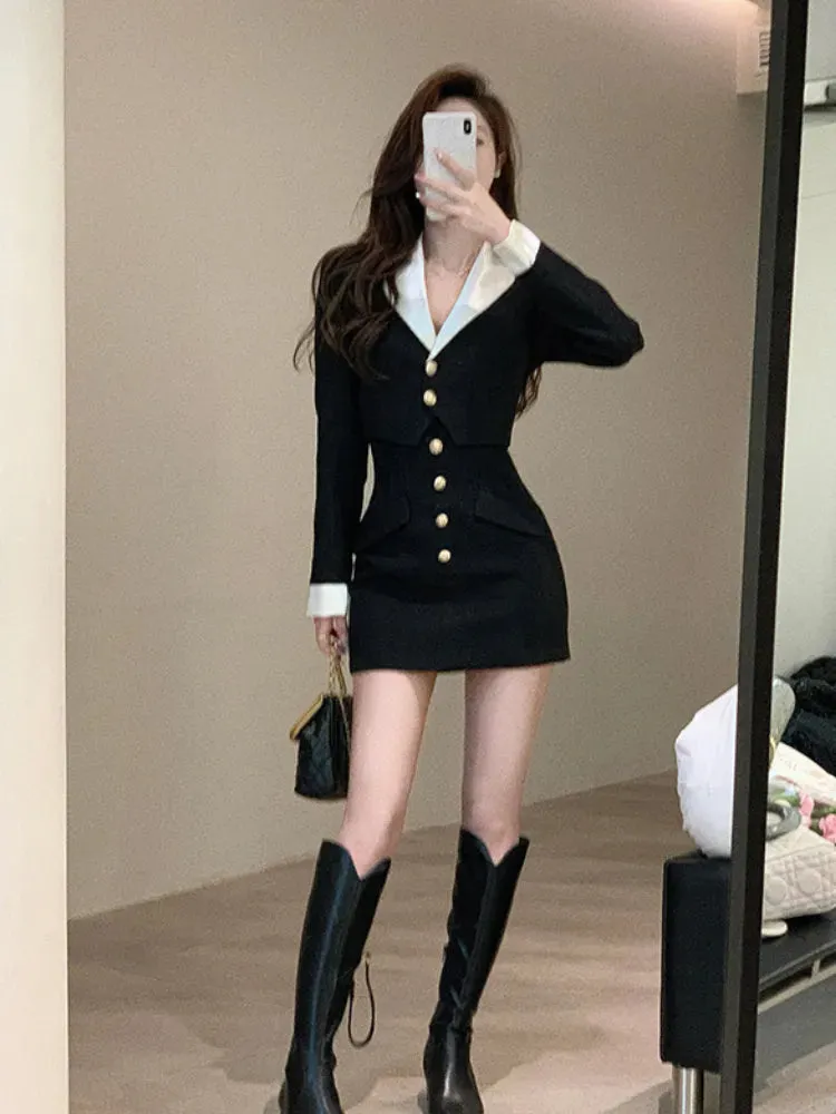 Elegant Two-Piece-Set: Crop Jacket With Golden Buttons   High Waist Mini Skirt