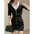 Elegant Two-Piece-Set: Crop Jacket With Golden Buttons   High Waist Mini Skirt