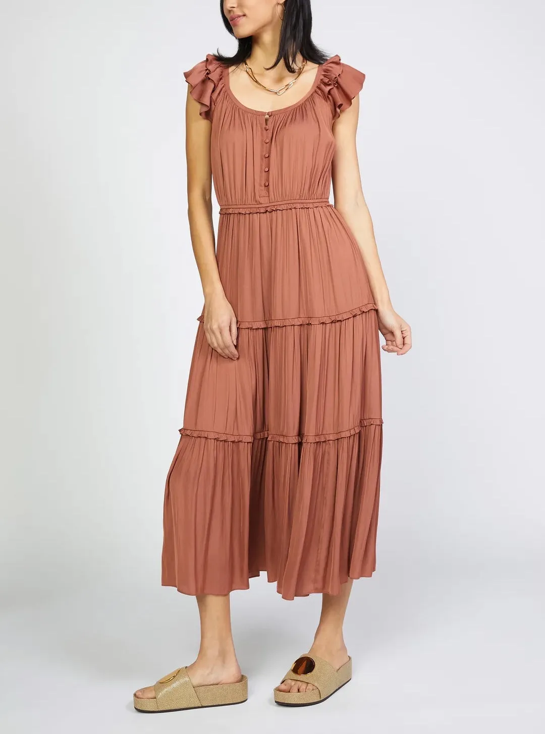 Flutter Sleeve Scoop Neck Midi Dress