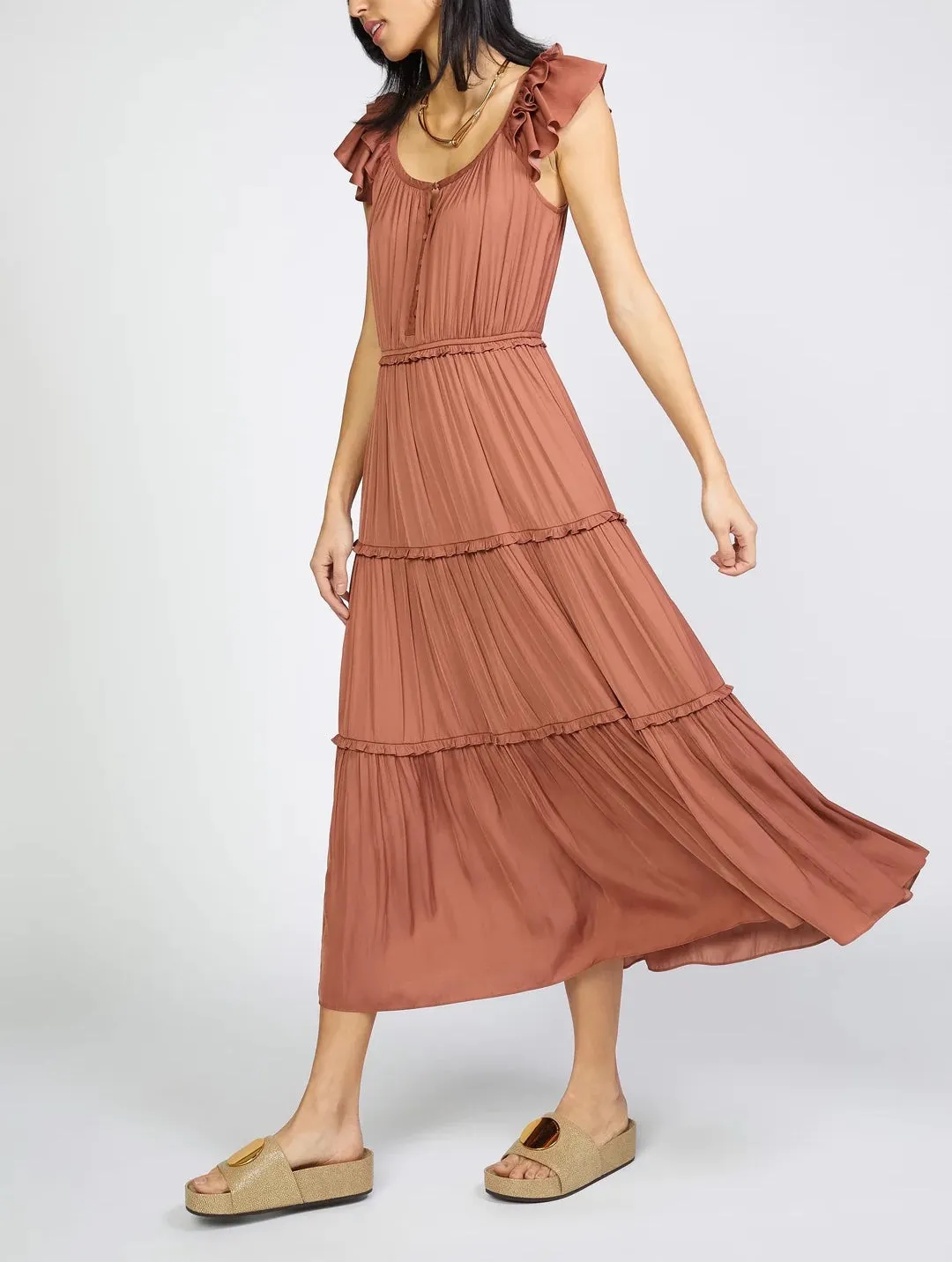 Flutter Sleeve Scoop Neck Midi Dress