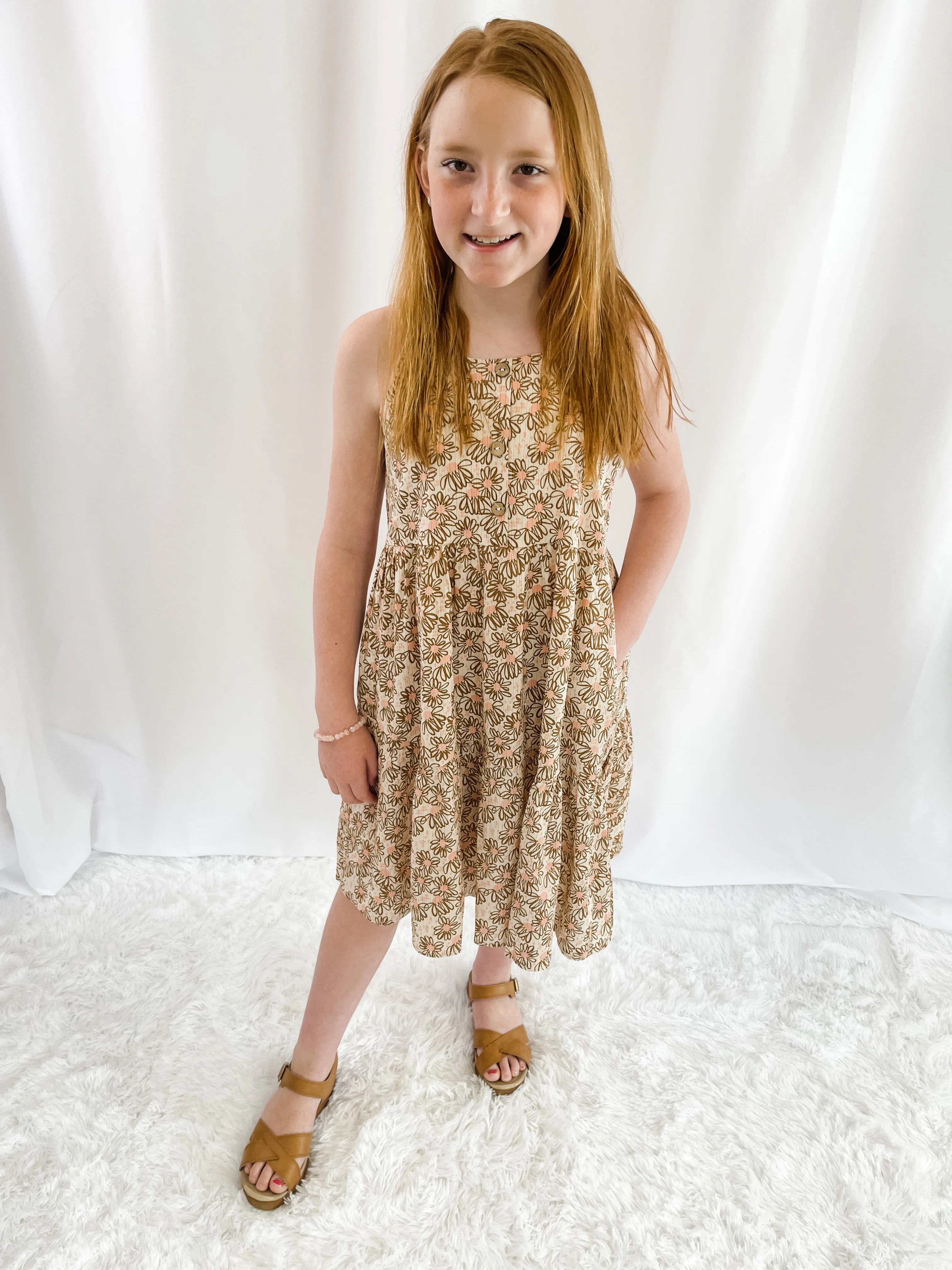 Girls Textured Daisy Print Tank Dress