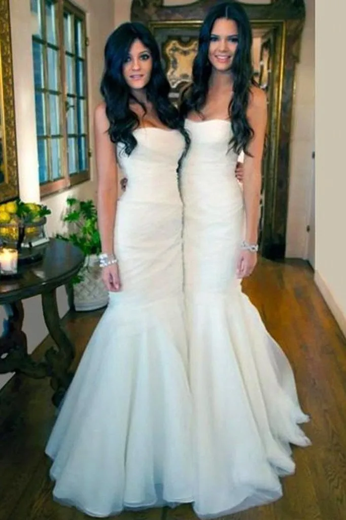 Gorgeous White Tulle Strapless Mermaid Long Cheap Simple Long Bridesmaid Dresses