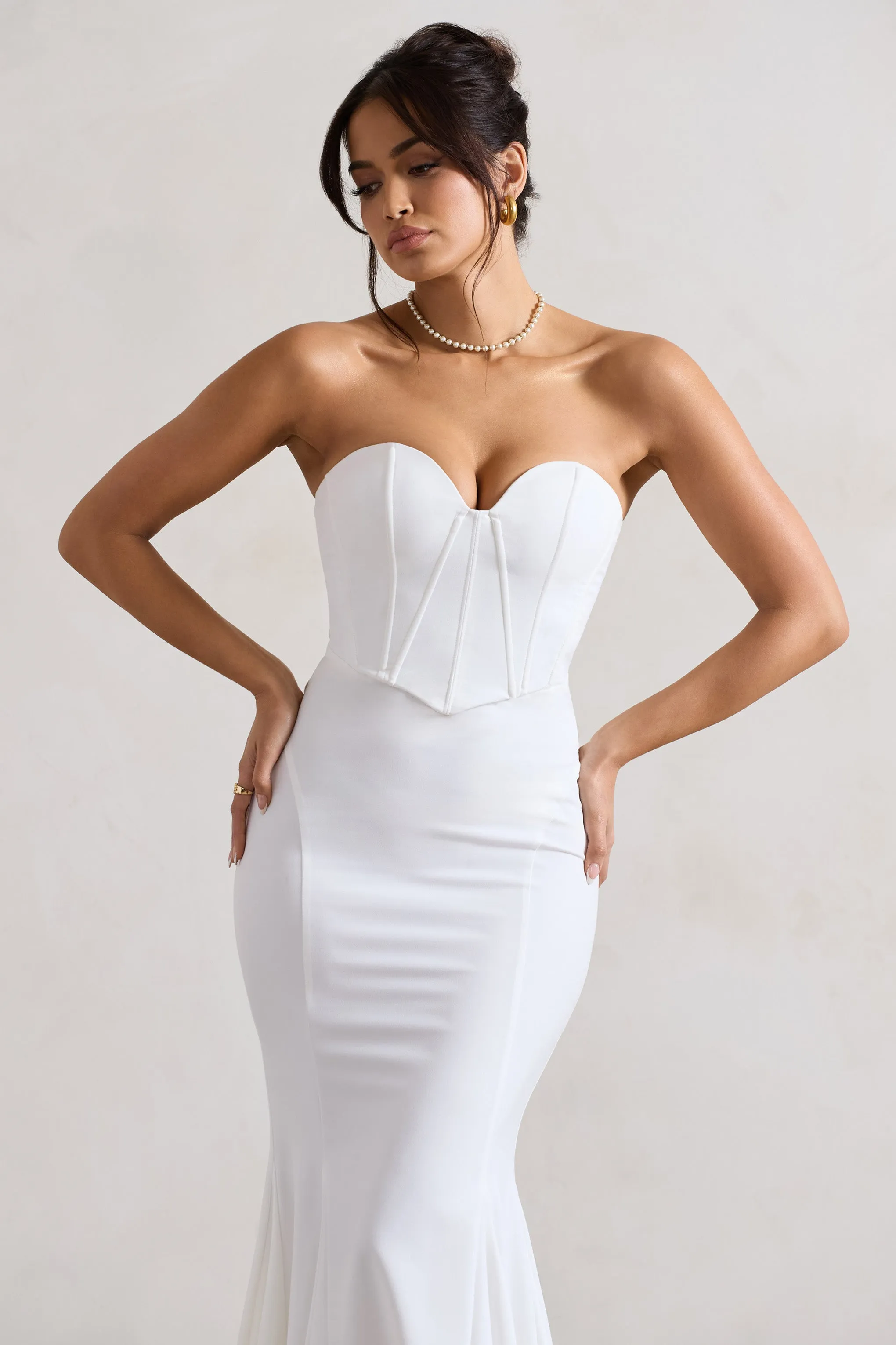 Idyllic | Cream Strapless Corset Style Fishtail Maxi Dress