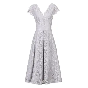 Jolie Moi Silver Grey Cap Sleeve Scallop Neck Embroidered Lace 50s Swing Dress