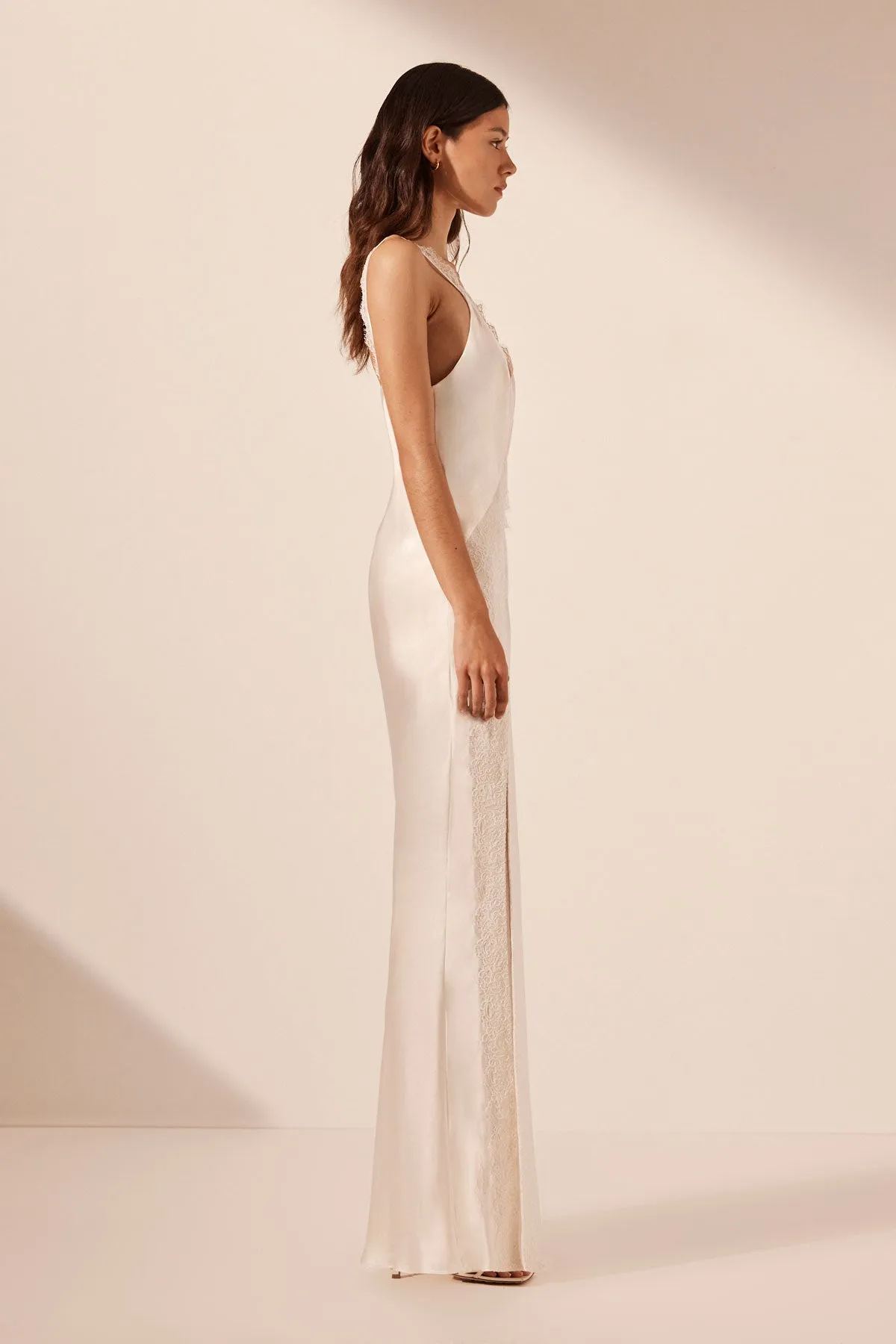 LA LUNE CUMULUS SILK LACE STRAP SPLIT MAXI DRESS - IVORY