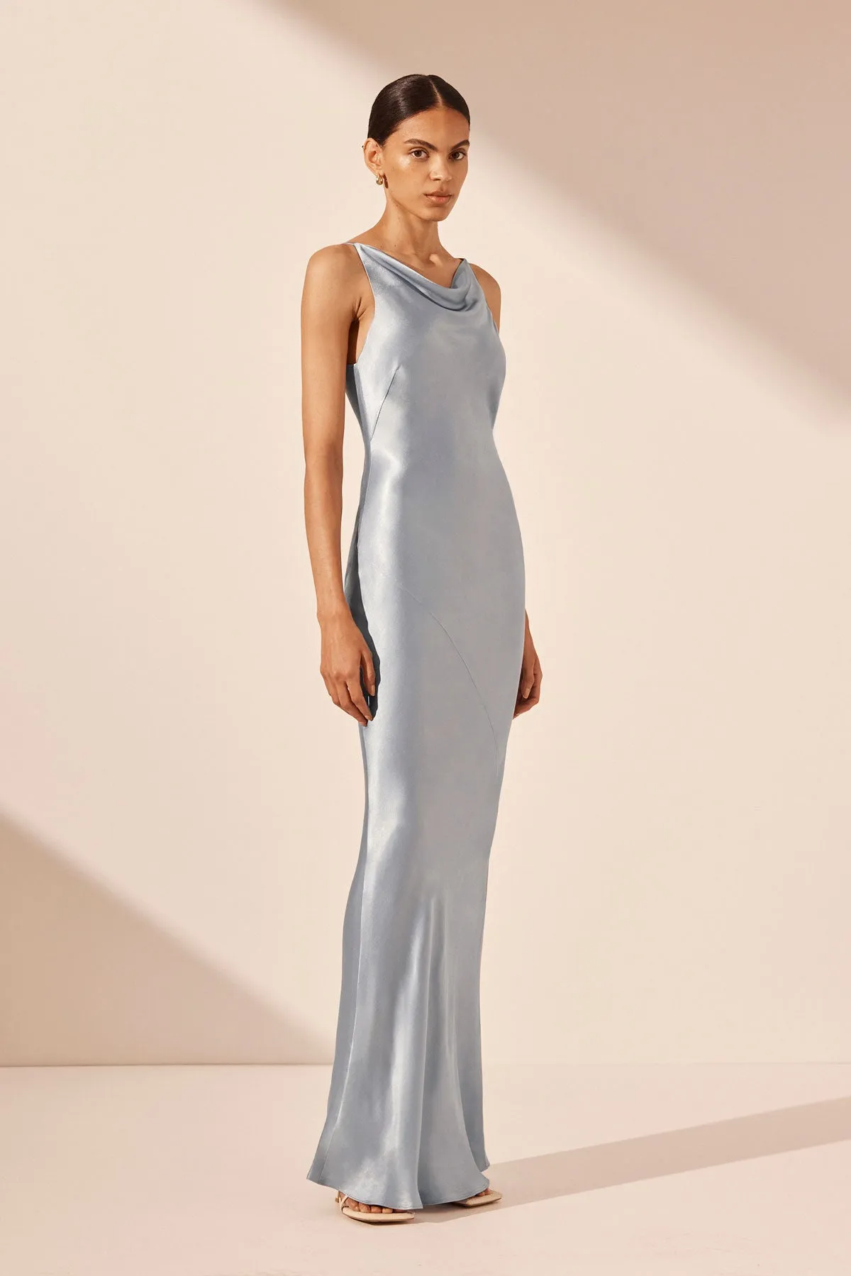 LA LUNE HIGH NECK COWL MAXI DRESS - POWDER BLUE