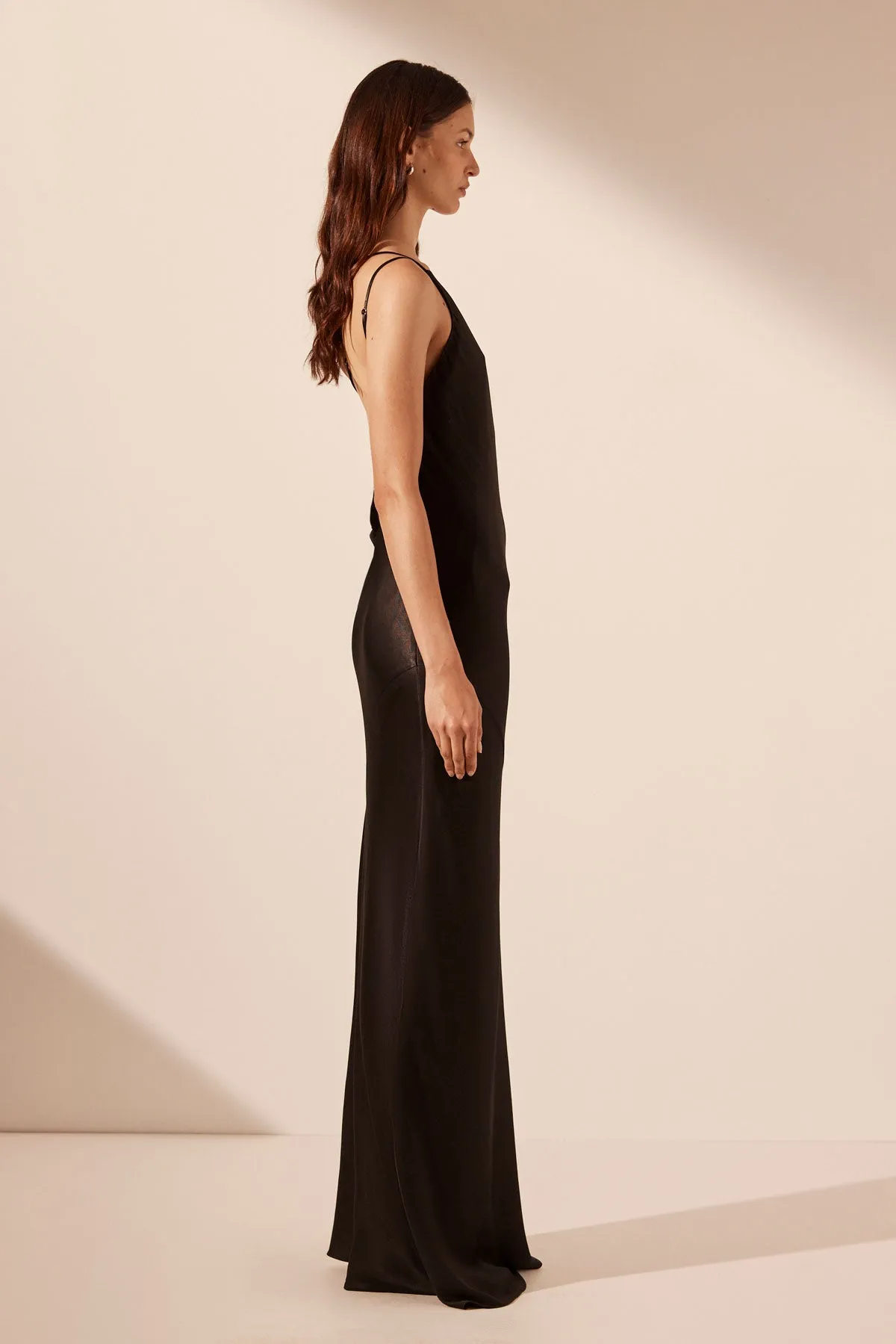 LA LUNE ONE SHOULDER COWL BACK MAXI DRESS - BLACK