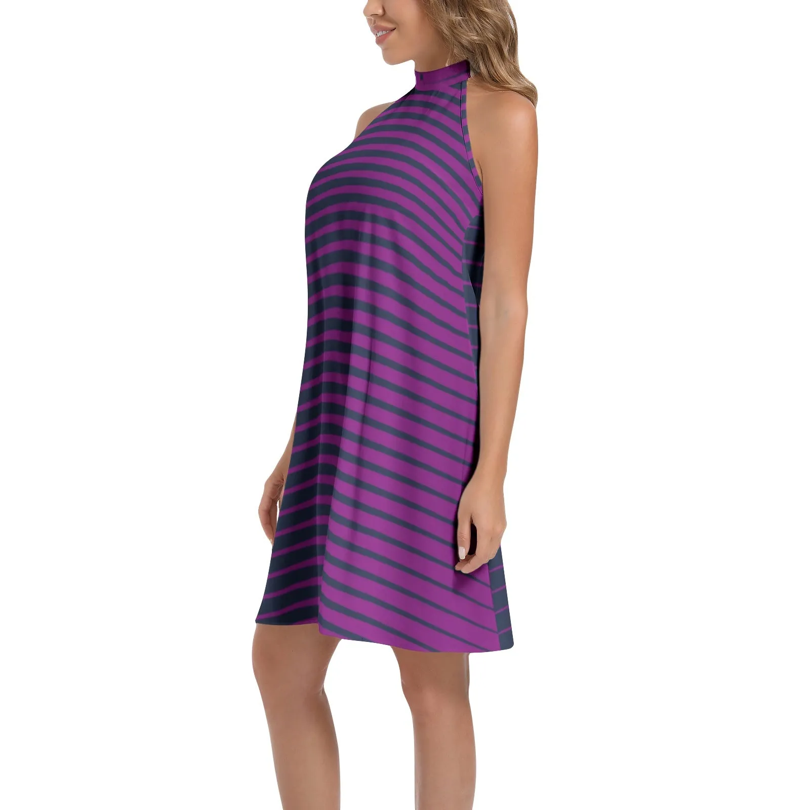 Lavender Wedge Tie Back Halter Neck Flared Dress