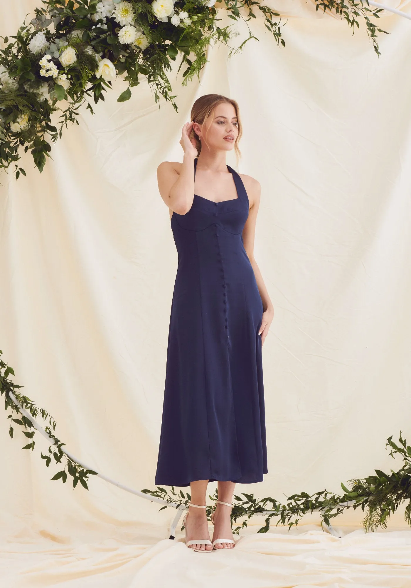 Leona Halter Tie Neck Satin Midi Dress - Navy