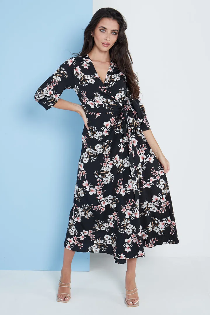 Lilura London Midi Wrap Dress In Black Floral Print