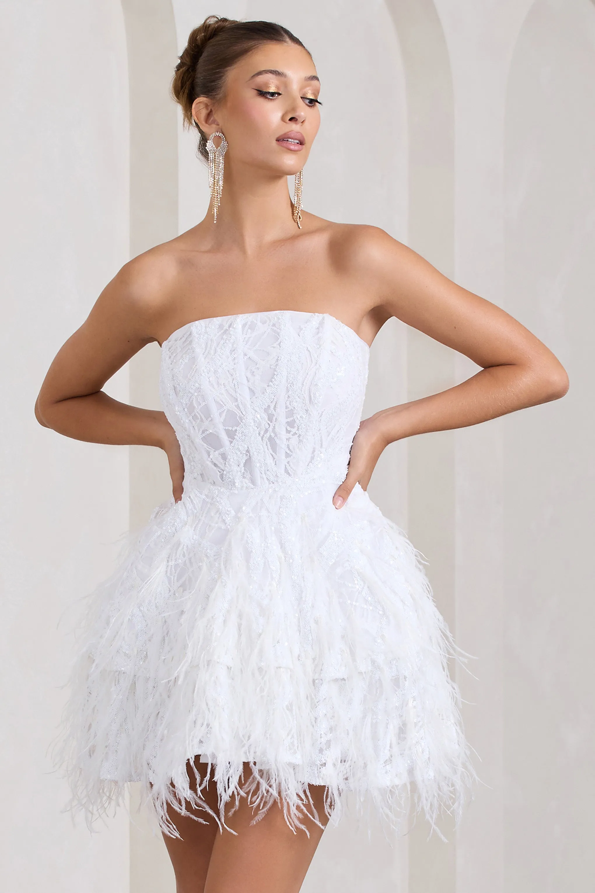 Little Wish | White Sequin Lace Strapless Mini Dress With Feathers