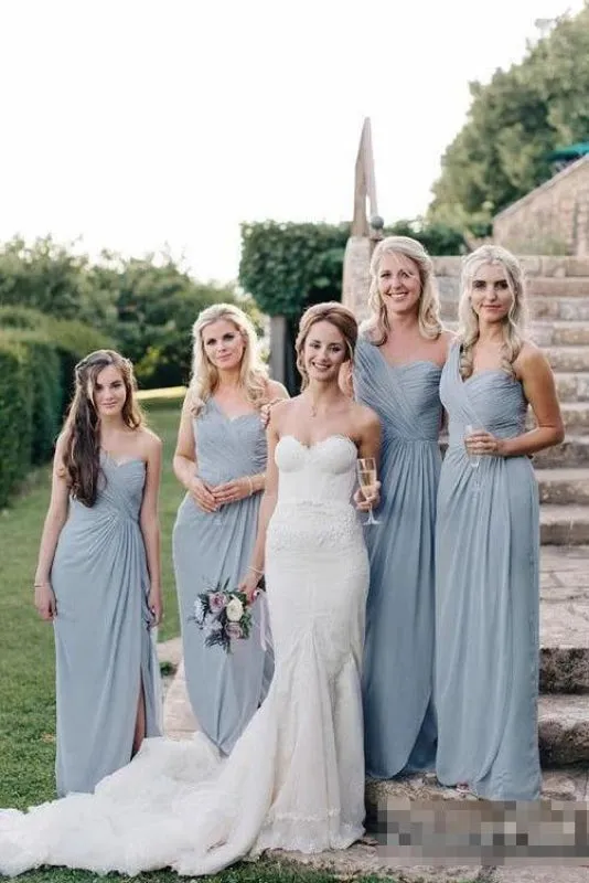 Long one Shoulder Cheap Dusty Blue Chiffon Bridesmaid Dress