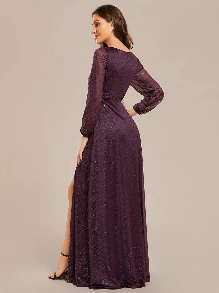 Long Sleeve V-Neck Thigh Slit Bridesmaid Dress