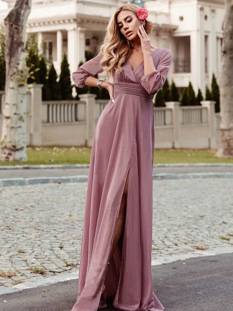 Long Sleeve V-Neck Thigh Slit Bridesmaid Dress