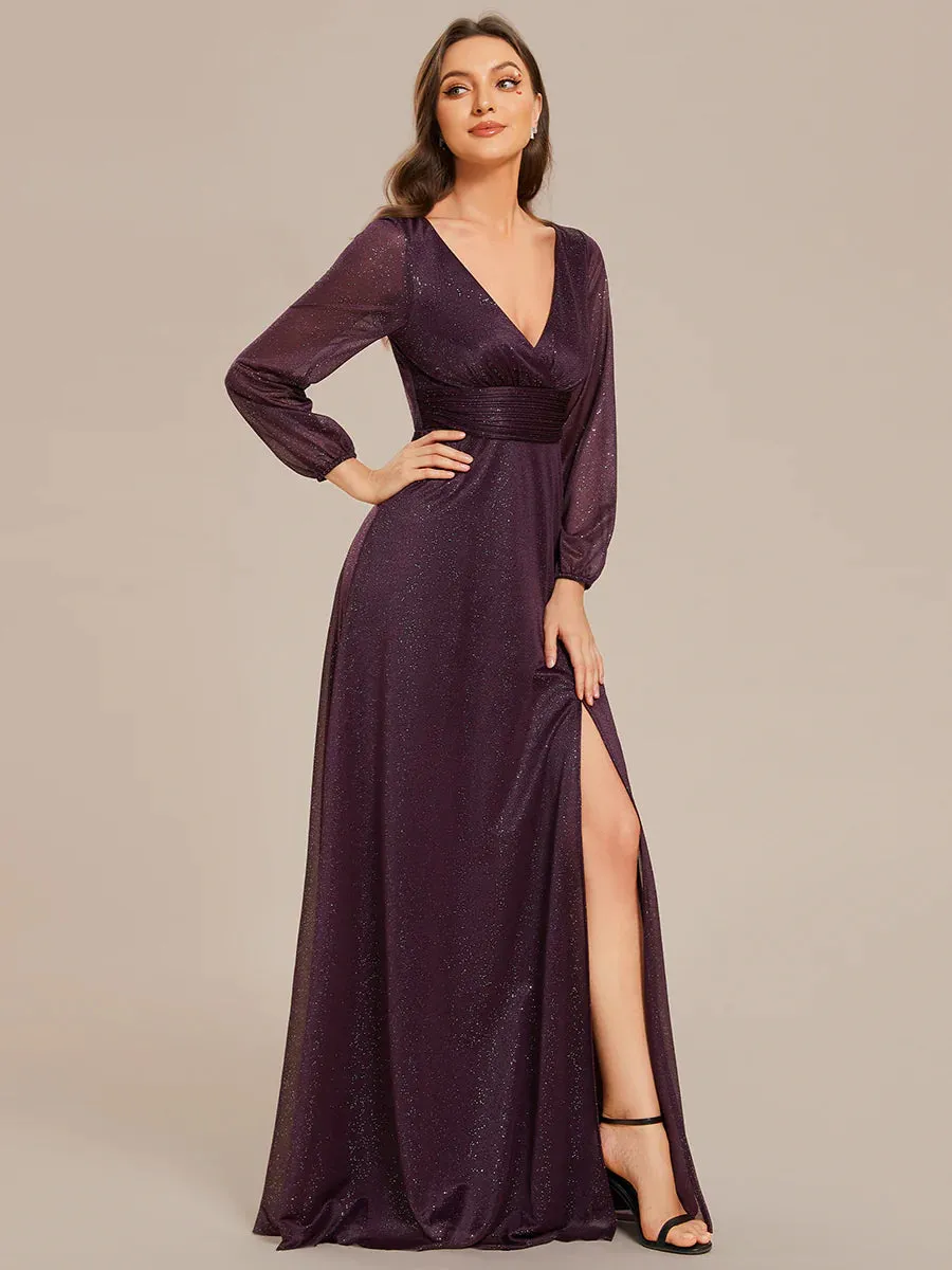 Long Sleeve V-Neck Thigh Slit Bridesmaid Dress