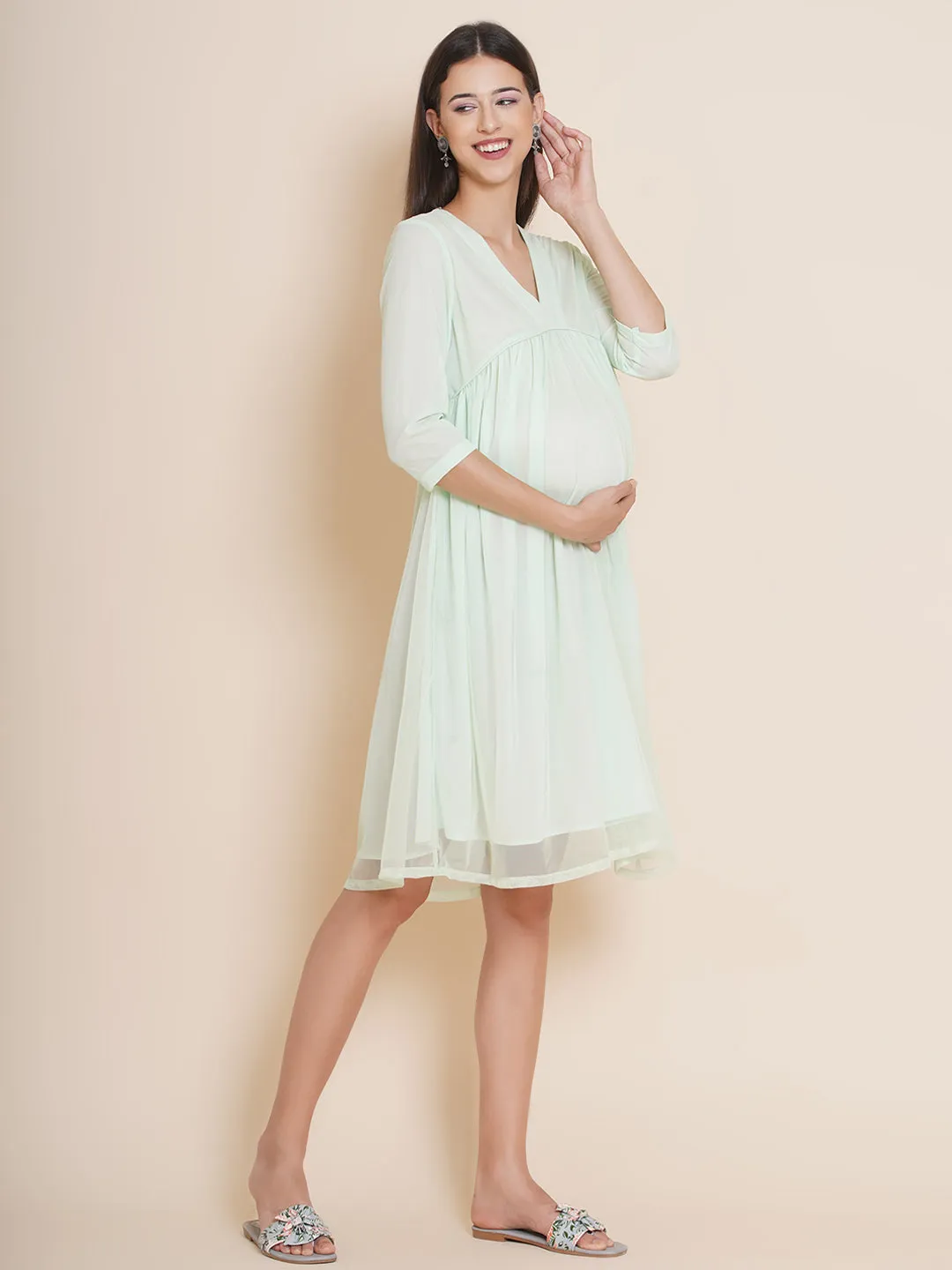 Maternity Solid Mint Color Baby Shower Dress