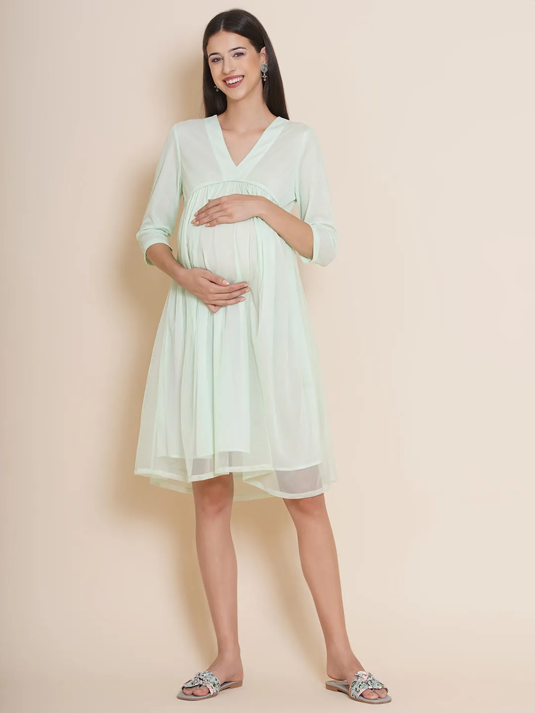 Maternity Solid Mint Color Baby Shower Dress