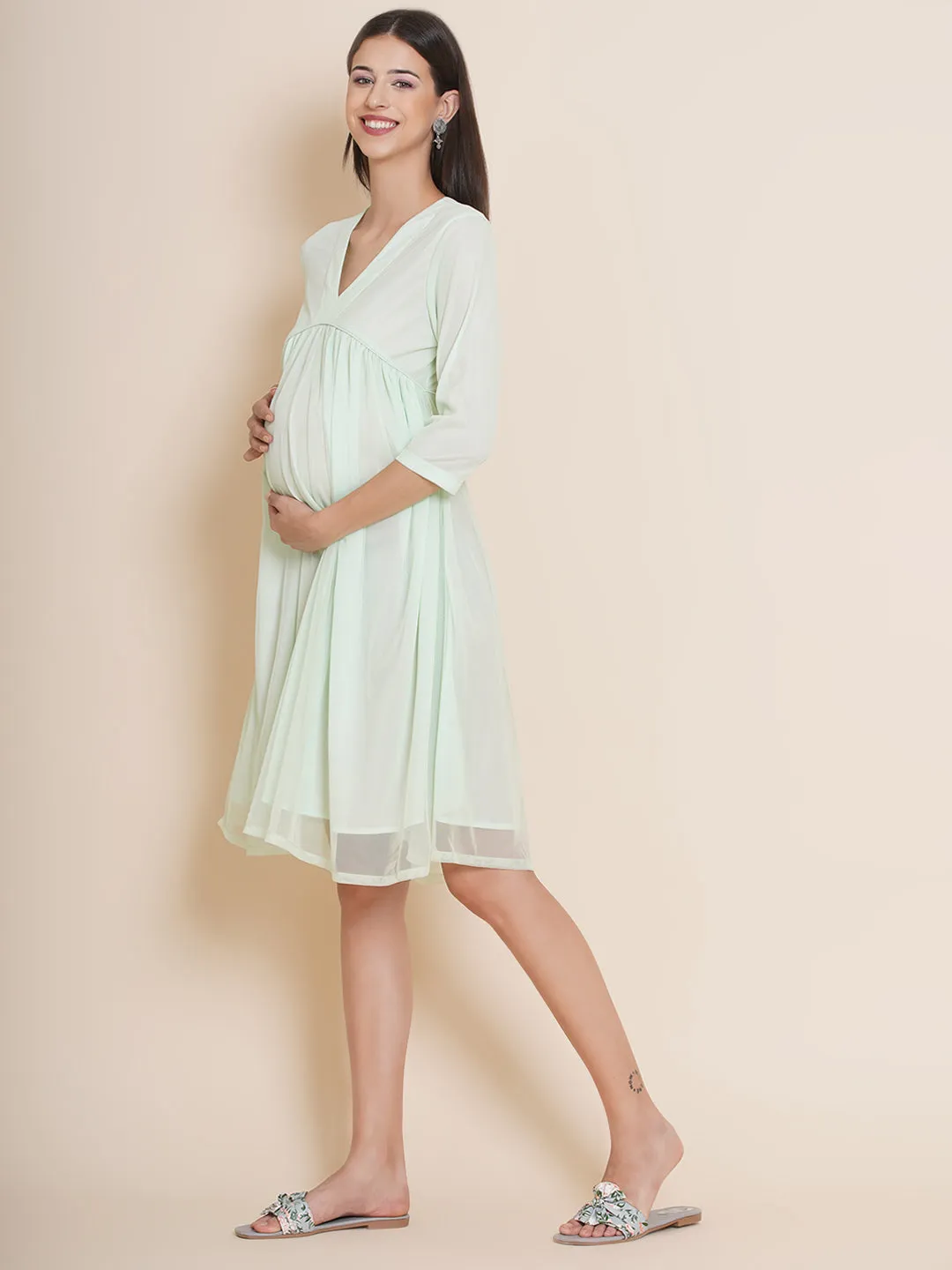 Maternity Solid Mint Color Baby Shower Dress