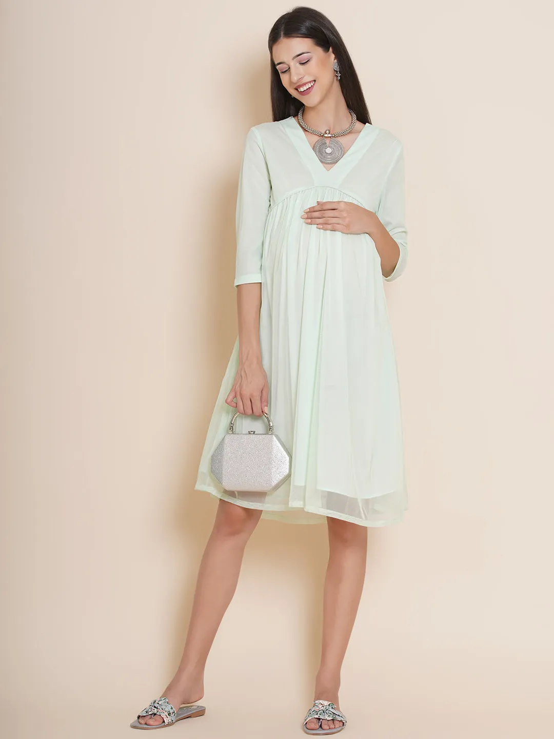 Maternity Solid Mint Color Baby Shower Dress