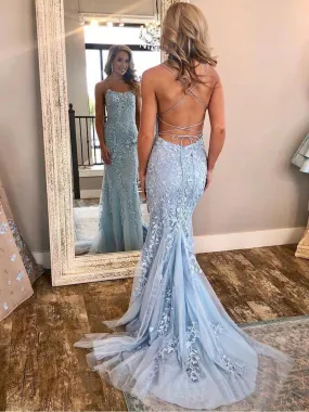 Mermaid Blue Prom Dress Lace African Long Prom Dress #ER420