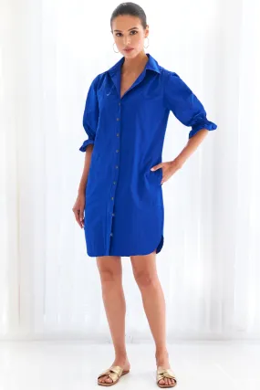 Miller Puff Sleeve Royal Blue Shirt Dress Techy Taffeta