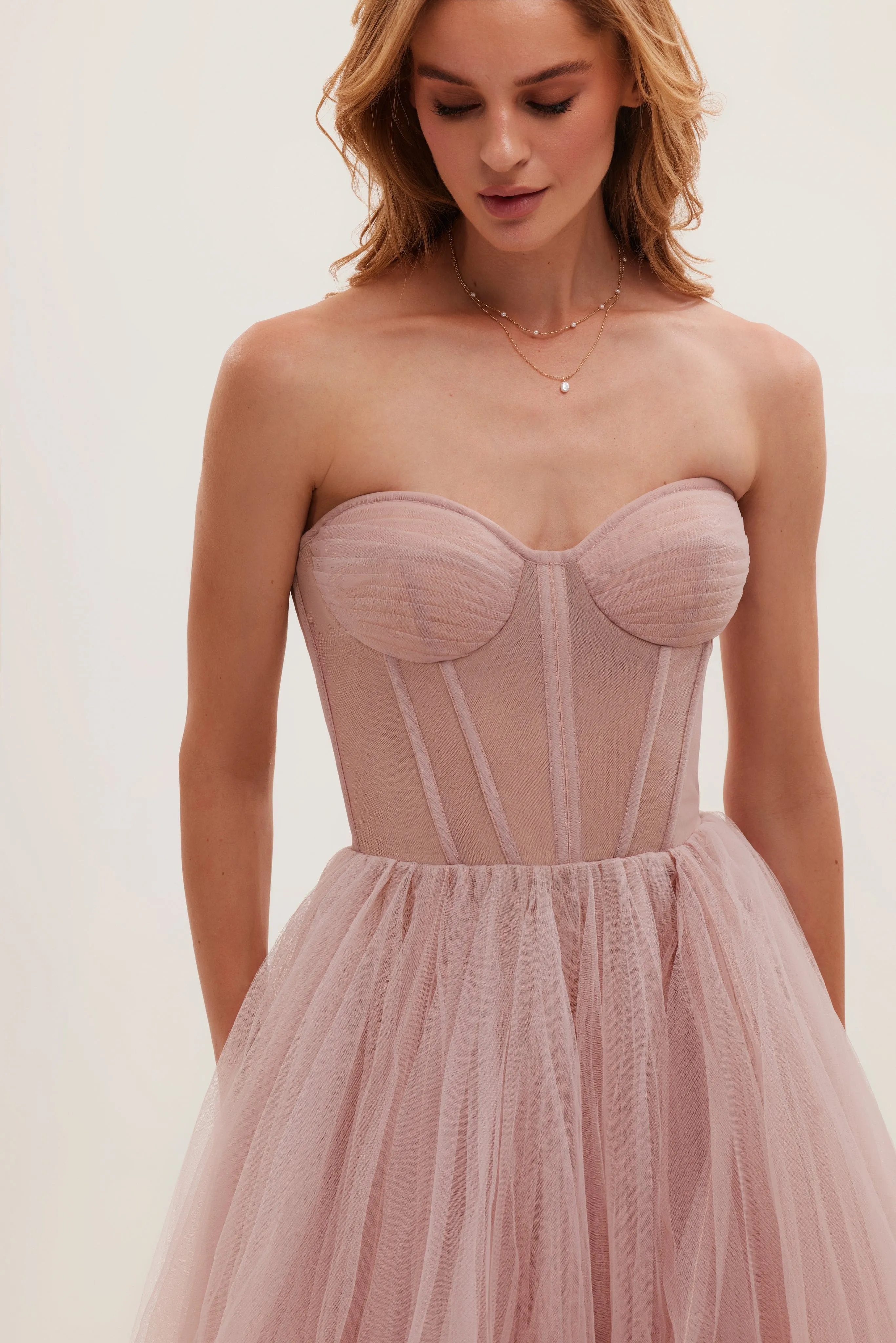 Misty Rose Strapless Puffy Midi Tulle Dress