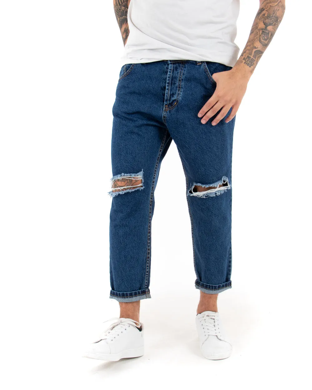 Pantaloni Jeans Uomo Loose Fit Denim Taglio Al Ginocchio Cinque Tasche Casual GIOSAL-P3019A