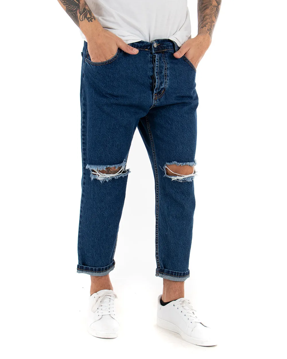 Pantaloni Jeans Uomo Loose Fit Denim Taglio Al Ginocchio Cinque Tasche Casual GIOSAL-P3019A