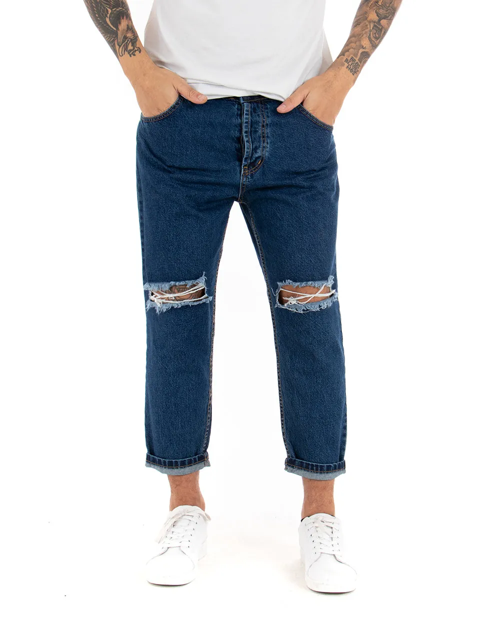 Pantaloni Jeans Uomo Loose Fit Denim Taglio Al Ginocchio Cinque Tasche Casual GIOSAL-P3019A