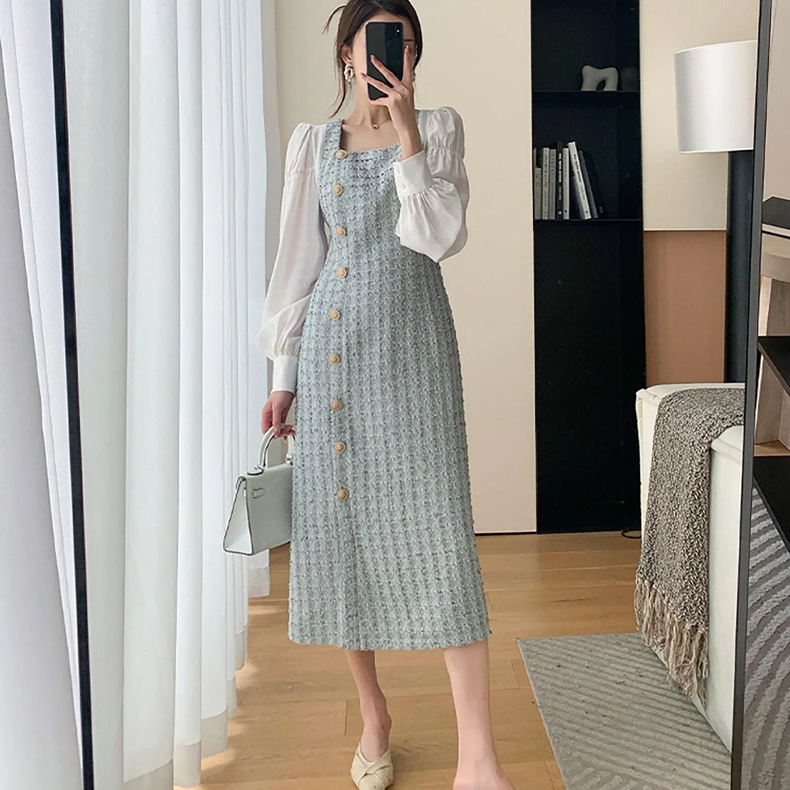 Patchwork Puff Sleeve Single Breasted Tweed Midi Dress