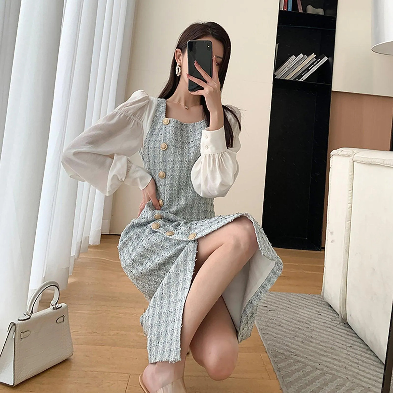 Patchwork Puff Sleeve Single Breasted Tweed Midi Dress