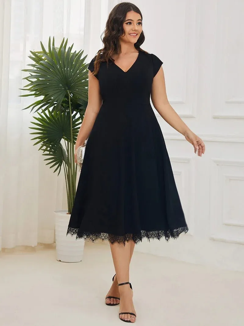 Plus Deep V Neck Cover Sleeves A Line Knee Length Evening Dresses