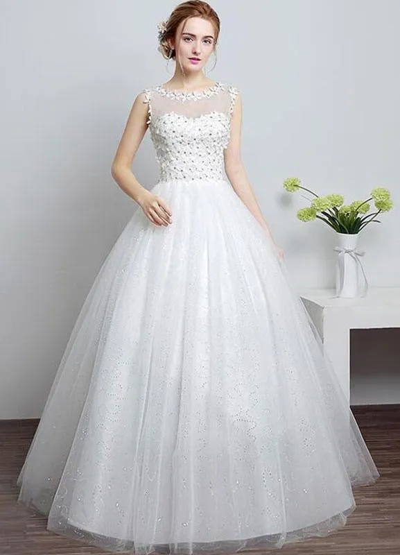 Princess Wedding Dress Ivory Sweetheart Illusion Neckline Cut Out Floor Length Bridal Dress With Rhinestone Flowers