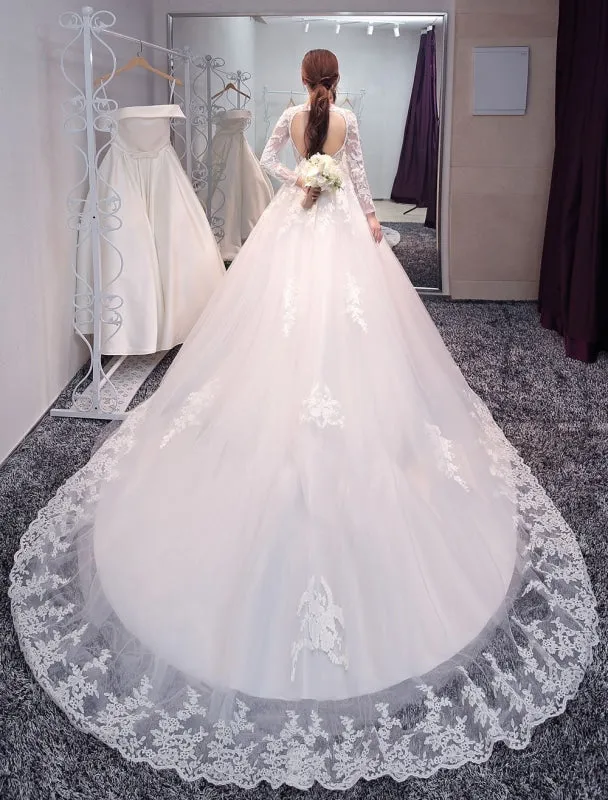 Princess Wedding Dresses Long Sleeve Bridal Dresses Lace Backless Illusion Wedding Gown With Long Train