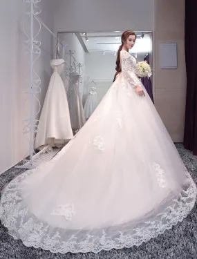 Princess Wedding Dresses Long Sleeve Bridal Dresses Lace Backless Illusion Wedding Gown With Long Train