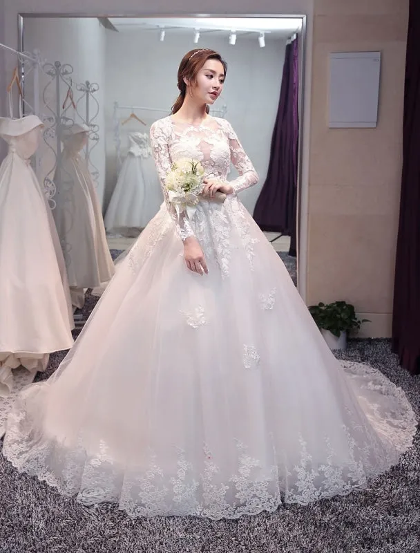 Princess Wedding Dresses Long Sleeve Bridal Dresses Lace Backless Illusion Wedding Gown With Long Train