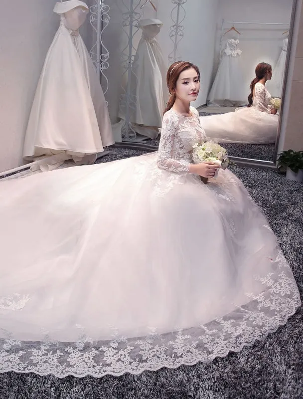 Princess Wedding Dresses Long Sleeve Bridal Dresses Lace Backless Illusion Wedding Gown With Long Train