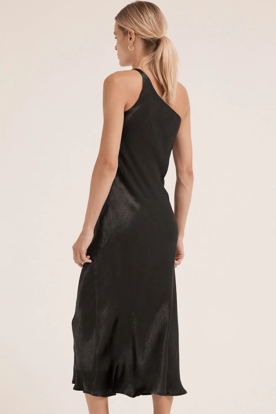 Running Water Black Bias One Shoulder Silky Satin Midi Dress