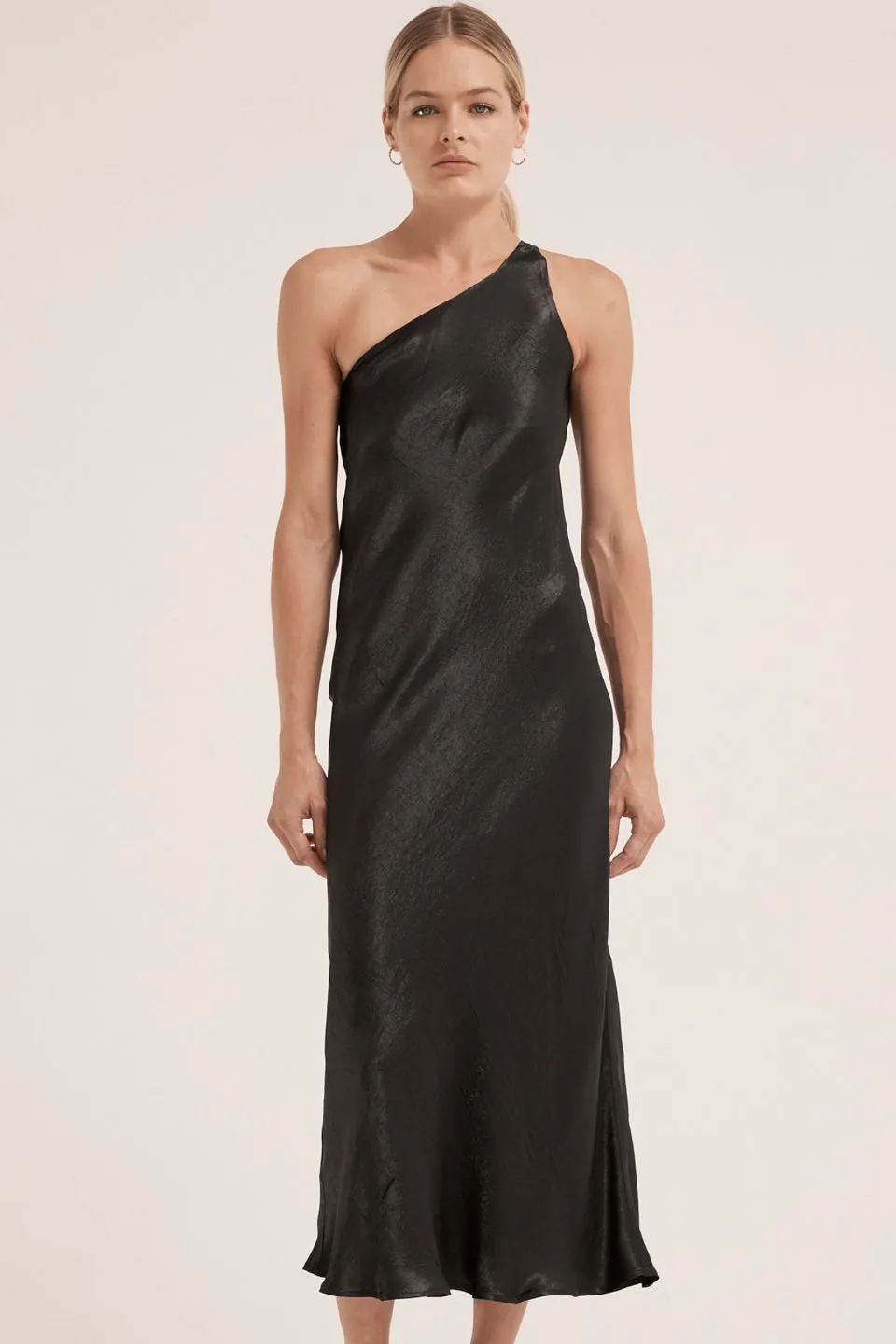 Running Water Black Bias One Shoulder Silky Satin Midi Dress