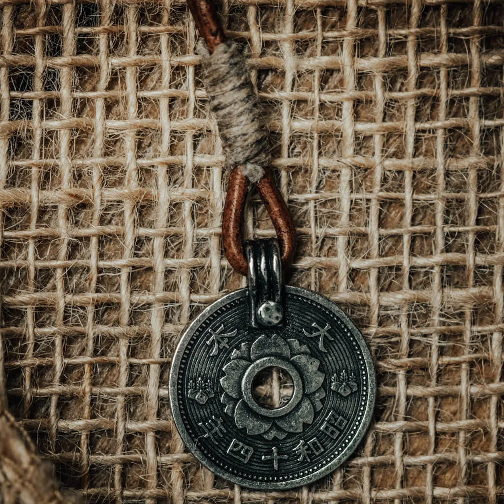 sen // aged japanese coin linen and leather necklace